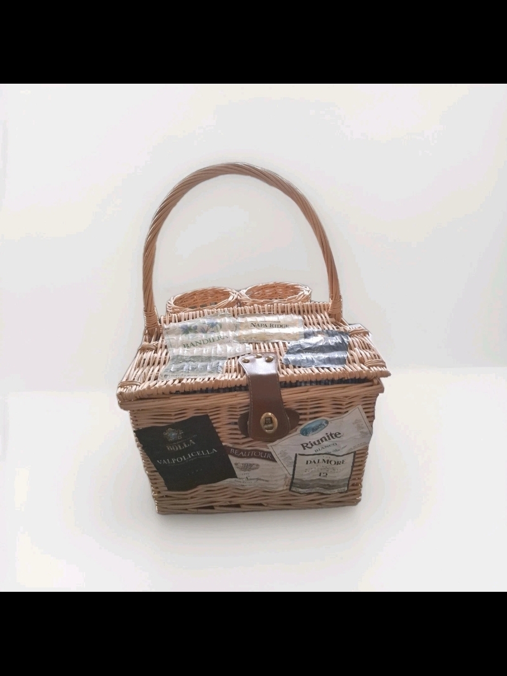 Vintage Decoupage Wicker Picnic Basket With Wine Holders, Blue-checked Lined